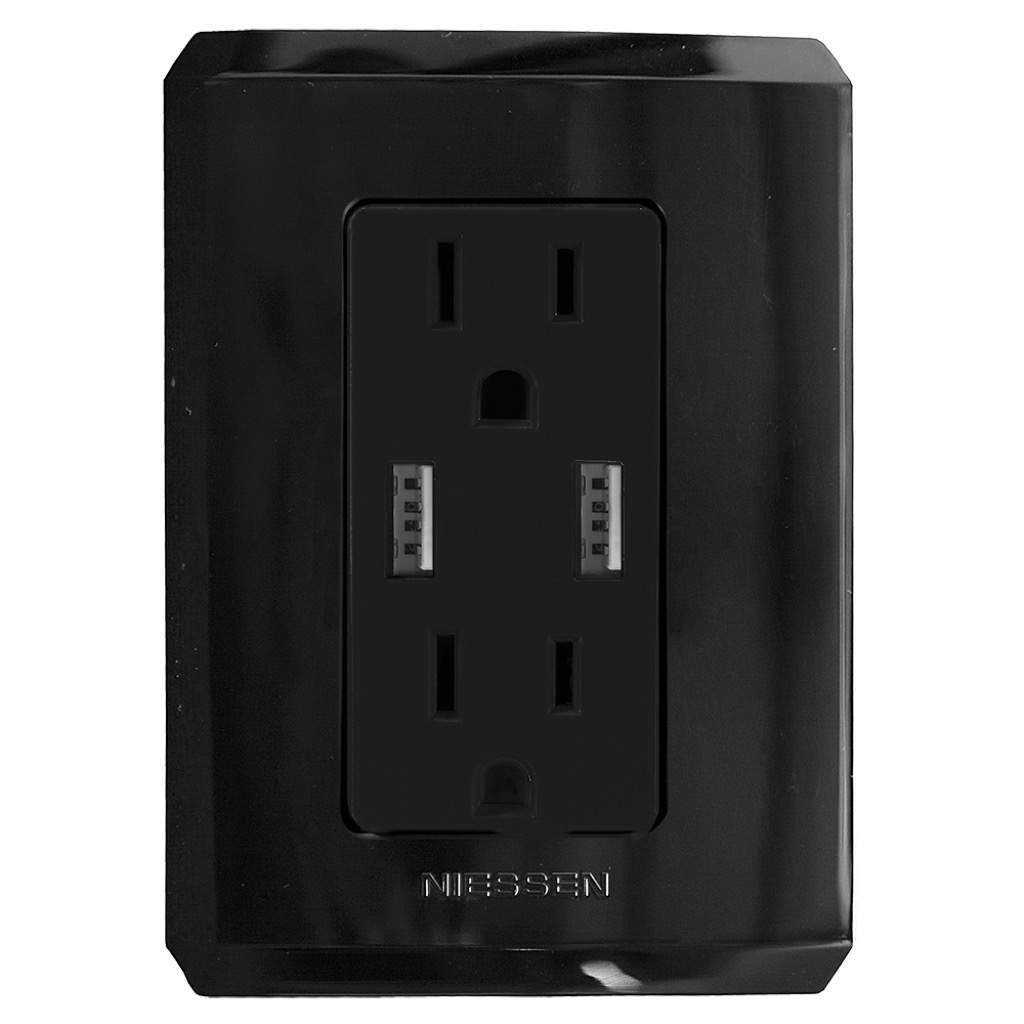 CONTACTO DUPLEX 2P+T CON 2 CONECTORES USB 2.1 AMP C/ PLACA STEP NEGRO PIANO