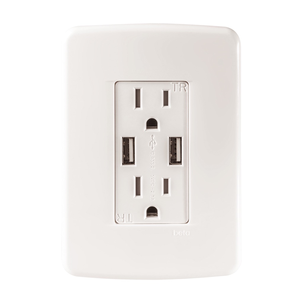CONTACTO DUPLEX 2P+T CON 2 CONECTORES USB 2.0 AMP C/ PLACA MARFIL BETA