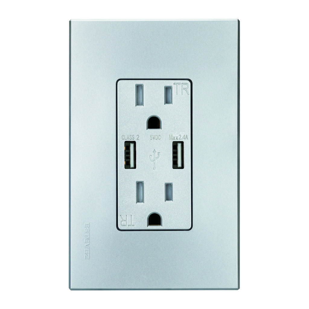 CONTACTO DUPLEX 2P+T + 2 x USB-A C/ PLACA METAL SATIN