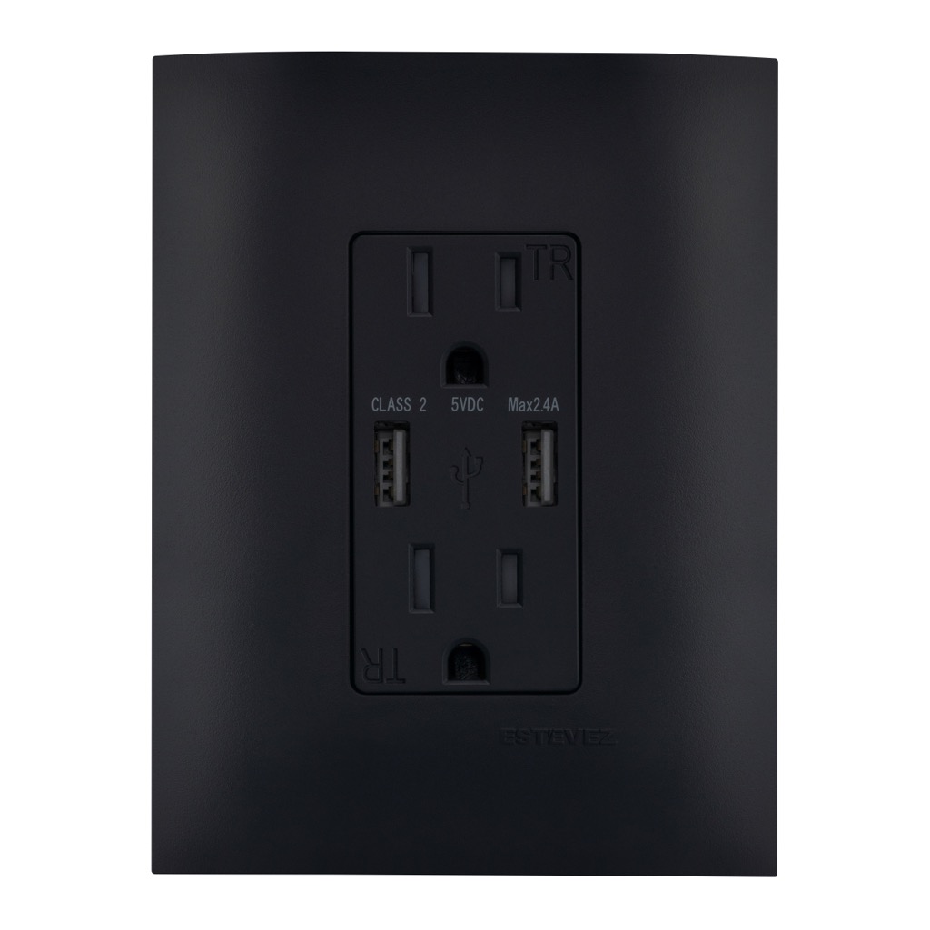 CONTACTO DUPLEX 2P+T +2xUSB-A C/ PLACA NEGRO CARBONCILLO