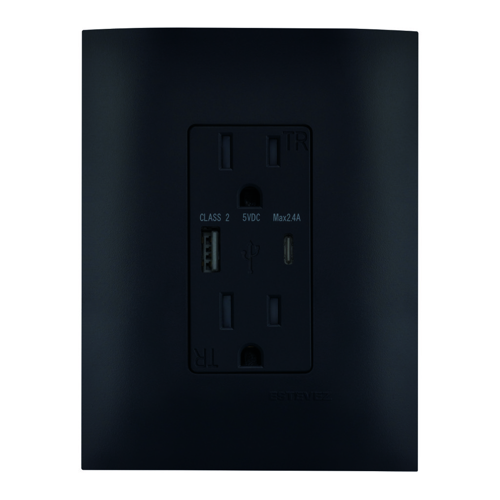 CONTACTO DUPLEX 2P+T + 1xUSB-A +1xUSB-C C/ PLACAÊNEGRO CARBONCILLO