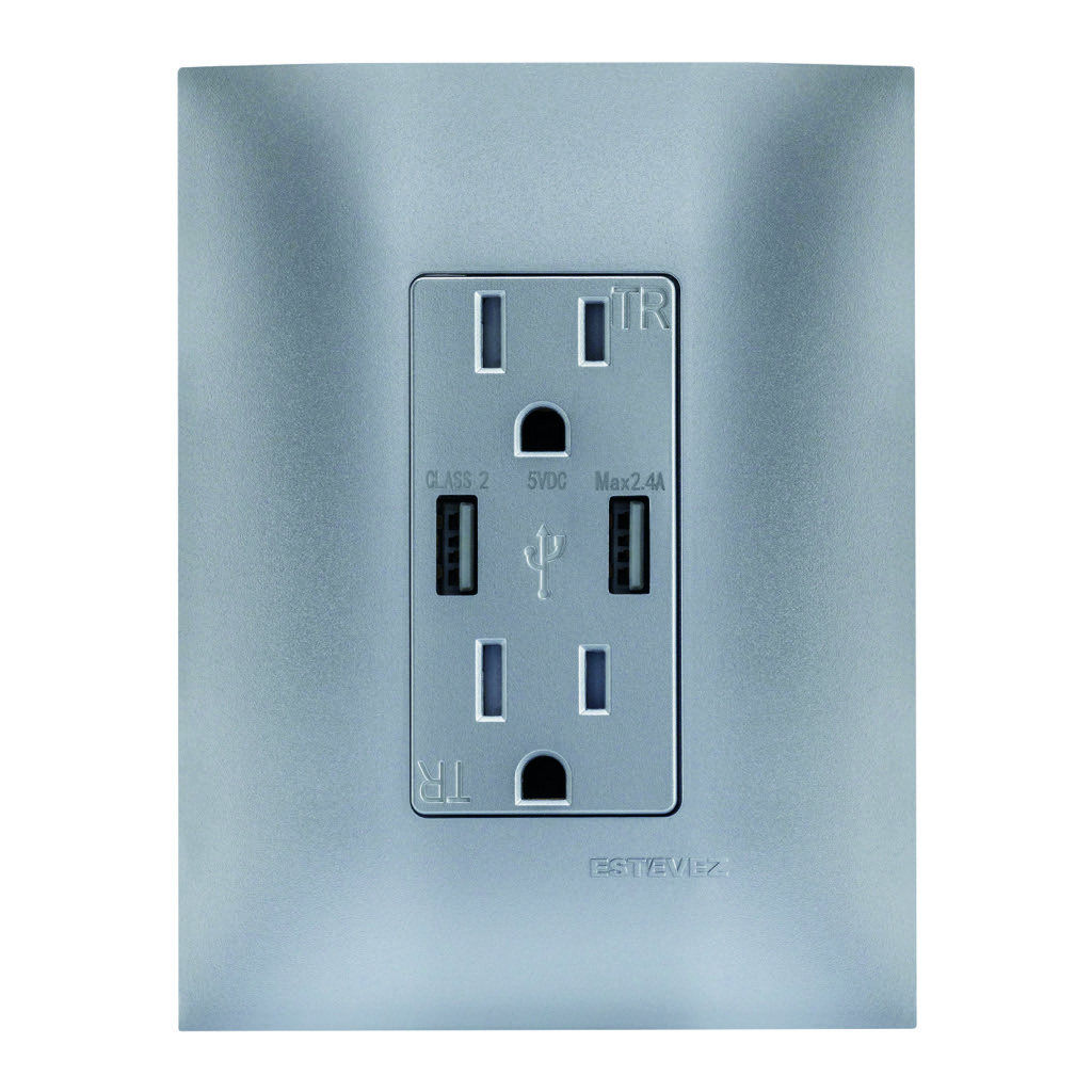 CONTACTO DUPLEX 2P+T +2xUSB-A C/ PLACA TITANIO MATE