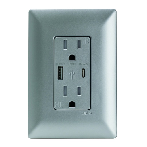 [E93336] CONTACTO DUPLEX 2P+T + 1xUSB-A + 1xUSB-C C/ PLACAÊSILVER
